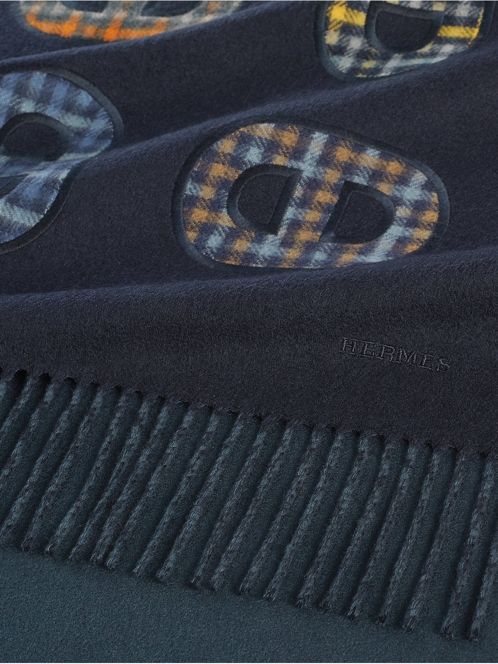 Hermès Recto-Verso Maillons Colores 100% Cashmere Scarf Bleu Marine Reversible - Picture 6 of 16